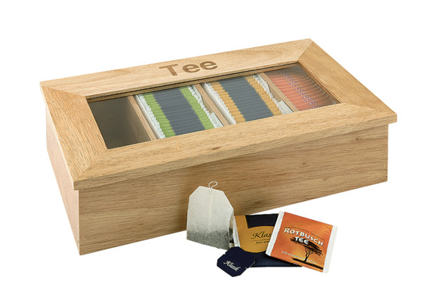 APS - Tee box scatola bortabustine tè cm 33,5x20x9h in legno con finestra  trasparente 4 scomparti 11575 - VEMO