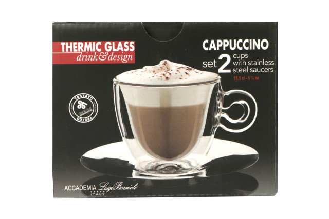 Tazza caffè e cappuccio termica Bormioli Luigi in vetro trasparente con  piatto in acciaio inox cl 16,5 199681 - RGMania