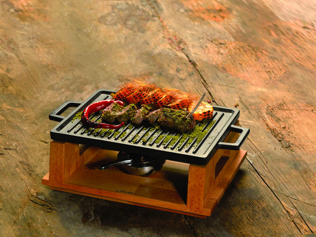 PADERNO WORLD CUISINE - Barbecue da tavola cm 22x30x11,6 ghisa smaltata  nera faggio Lava 44227-30 - VEMO